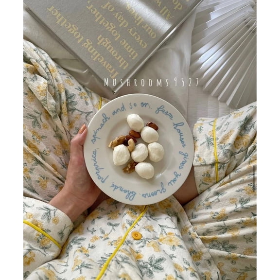 CHUNTIAN Mushrooms 9527 Korean Style Simple Niche Blue French Letters Simple French Ceramic Breakfast Disc Oval Plate Dessert Plate