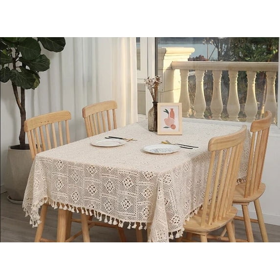 CHUNTIAN Rectangular Hollow Out Tablecloth Beige Rural Retro Crochet Dining Table Cover Lace Square Tea Table Cloth Soft Table Flag