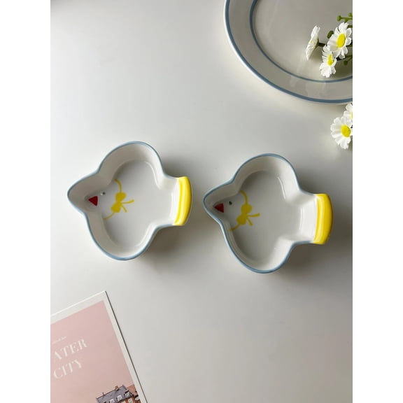 CHUNTIAN Retro Creative Cute Multi-color with Relief Small Flying Pigeon Household Ceramic Tableware Sauce Plate Spoon Set Cream Color