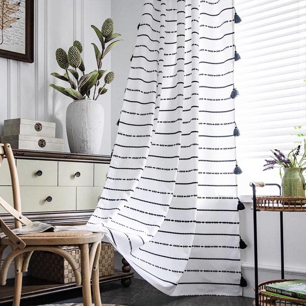 CHUNTIAN Rod Pocket Semi Blackout White Boho Decor Window Curtain with Tassels, Black Striped Geometric Pattern Bohemian Room Drape, Country Chic Cotton Linen Curtain for Bedroom, 52" x 63", 1 Panel