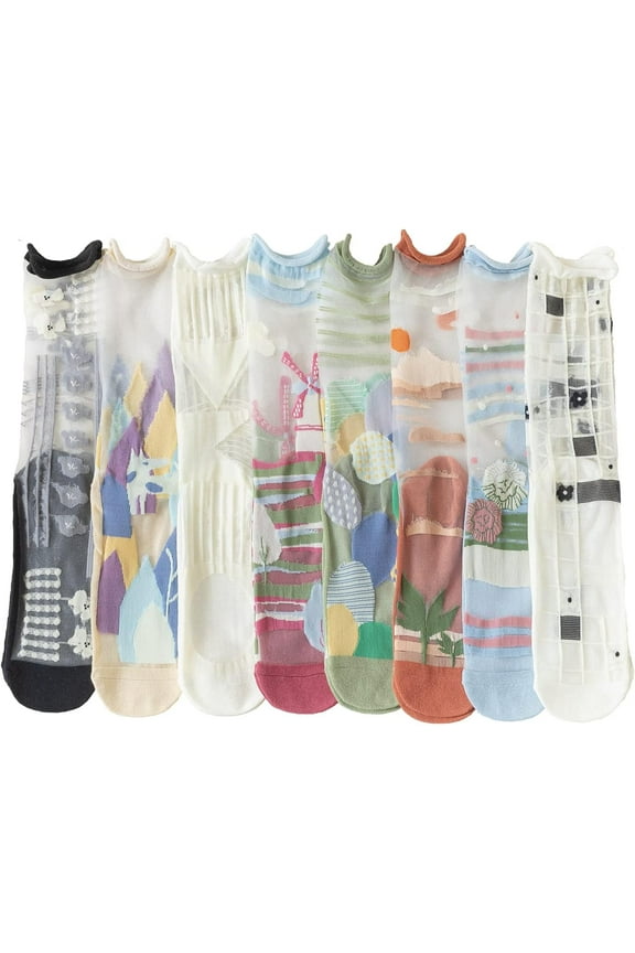 Sheer Socks,Vintage Transparent Flower Ankle High Socks,Thin Mesh Glass Silk Socks,No Slip Socks for Women