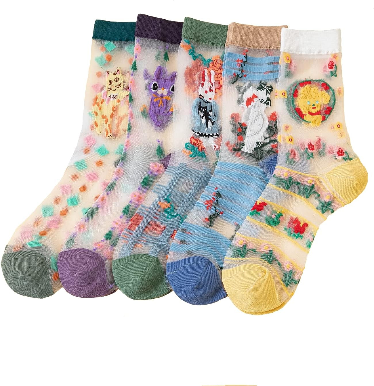 CHUNTIAN Sheer Socks,Vintage Transparent Flower Ankle High Socks,Thin Mesh Glass Silk Socks,No Slip Socks for Women