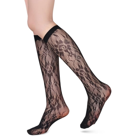 CHUNTIAN Sox Womens Fishnet Knee High Socks Girls Hollow Out Black Lace Stockings Sexy Sheer Mesh Trouser Socks Calf Sock