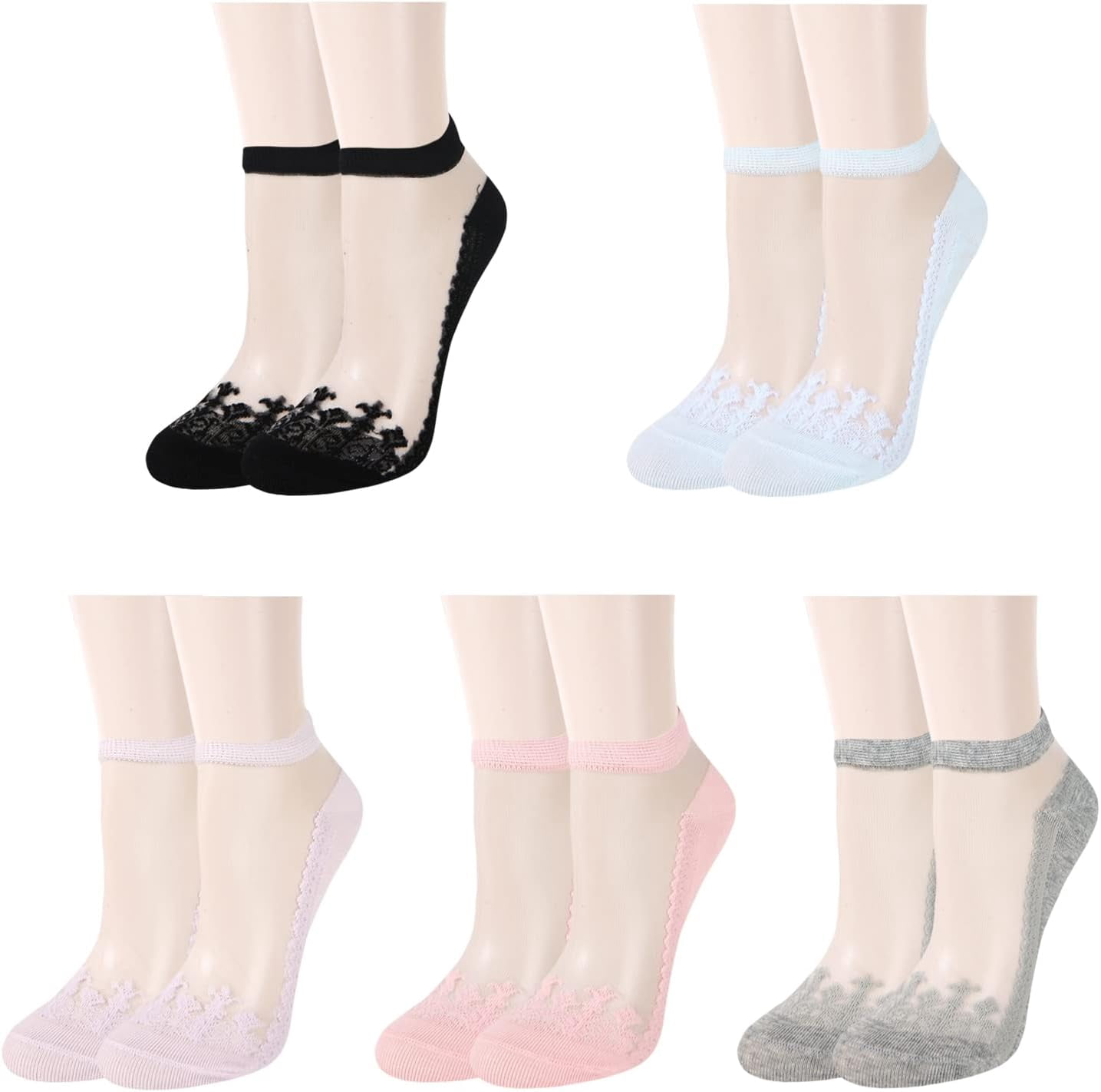 YFUNNLE Women's Sheer Mesh Socks - Transparent Ruffle Ankle Socks, Thin & Stylish, 5-Pack Assorted Colors