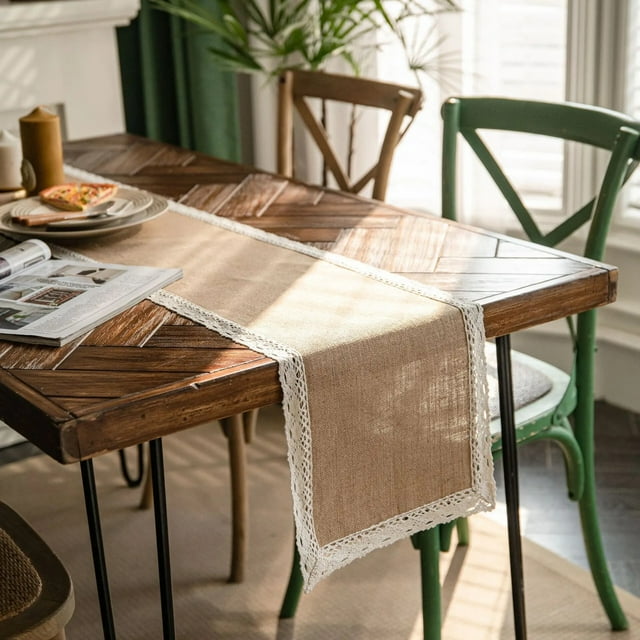 CHUNTIAN Vintage Farmhouse Natural Burlap Table Runner with Jute Lace Tabletop Hallway Boho Decor for Wedding Parties Everyday Decor