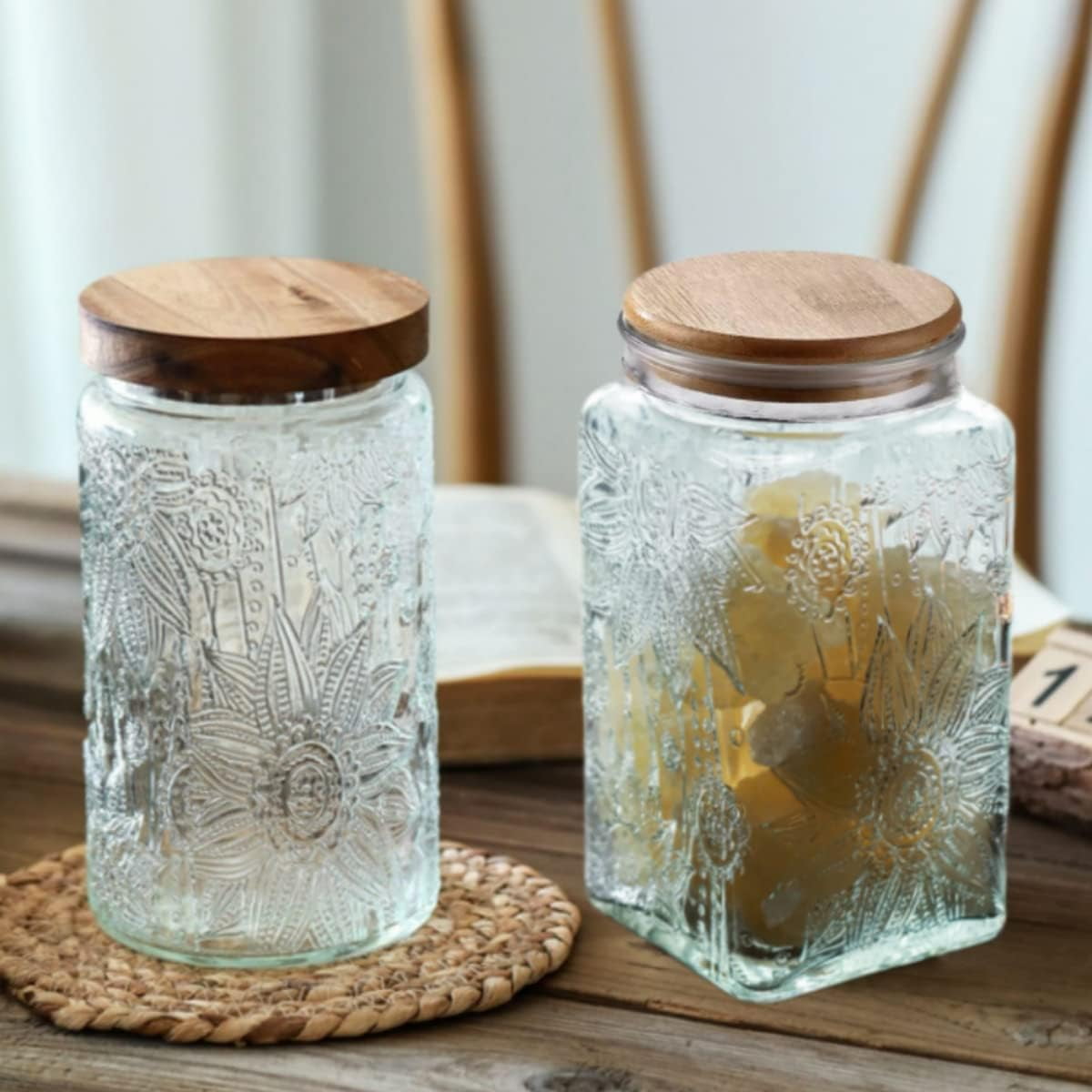 CHUNTIAN Vintage Glass Storage Jar, 34 FL OZ Glass Food Storage Containers with Bamboo Lid ...