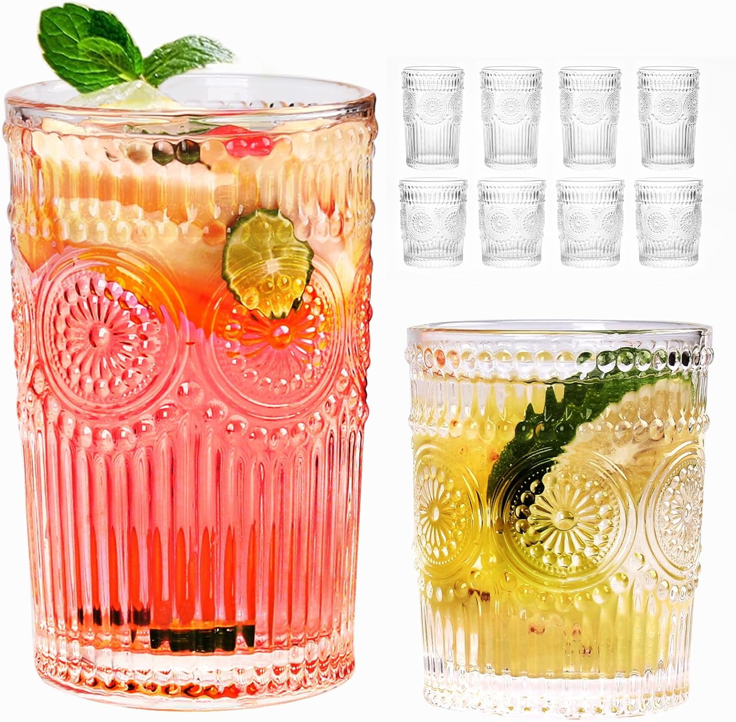 CHUNTIAN Vintage Striped Glassware 8 Set, Textured Drinking Glasses, 4 Highball 12oz & 4 Rocks ...