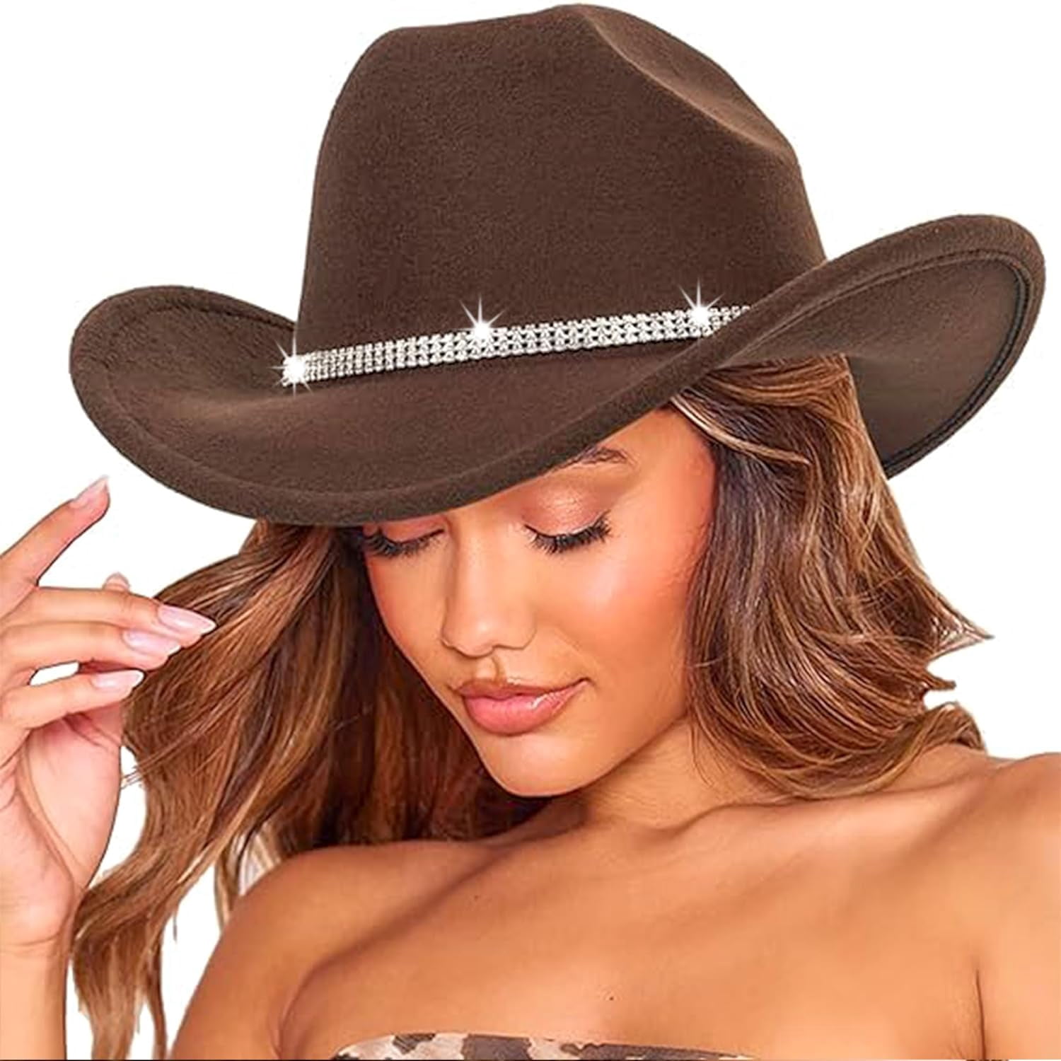 Women's Rhinestone Cowgirl Hat - Big Bling Chain Decor Felt Western Hat For Rodeo & Party, Size M/L