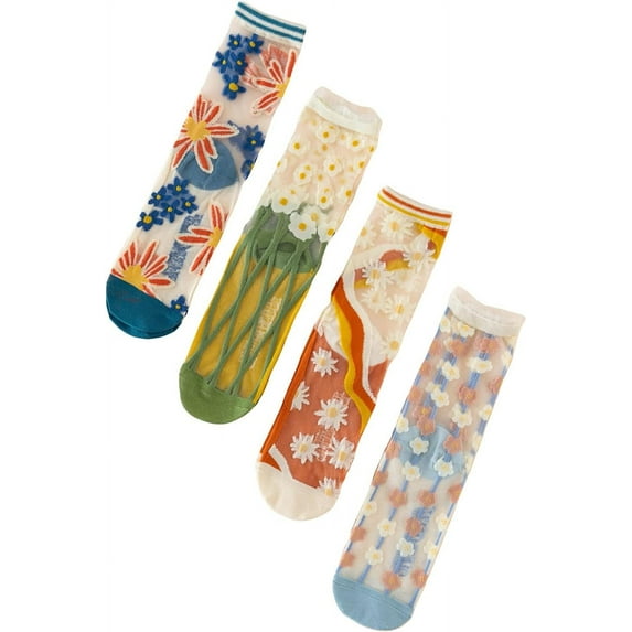 CHUNTIAN Women's 4 Pairs Sheer Mesh Flower Patterned Thin Casual Crew Socks Transparent Cute Summer Socks