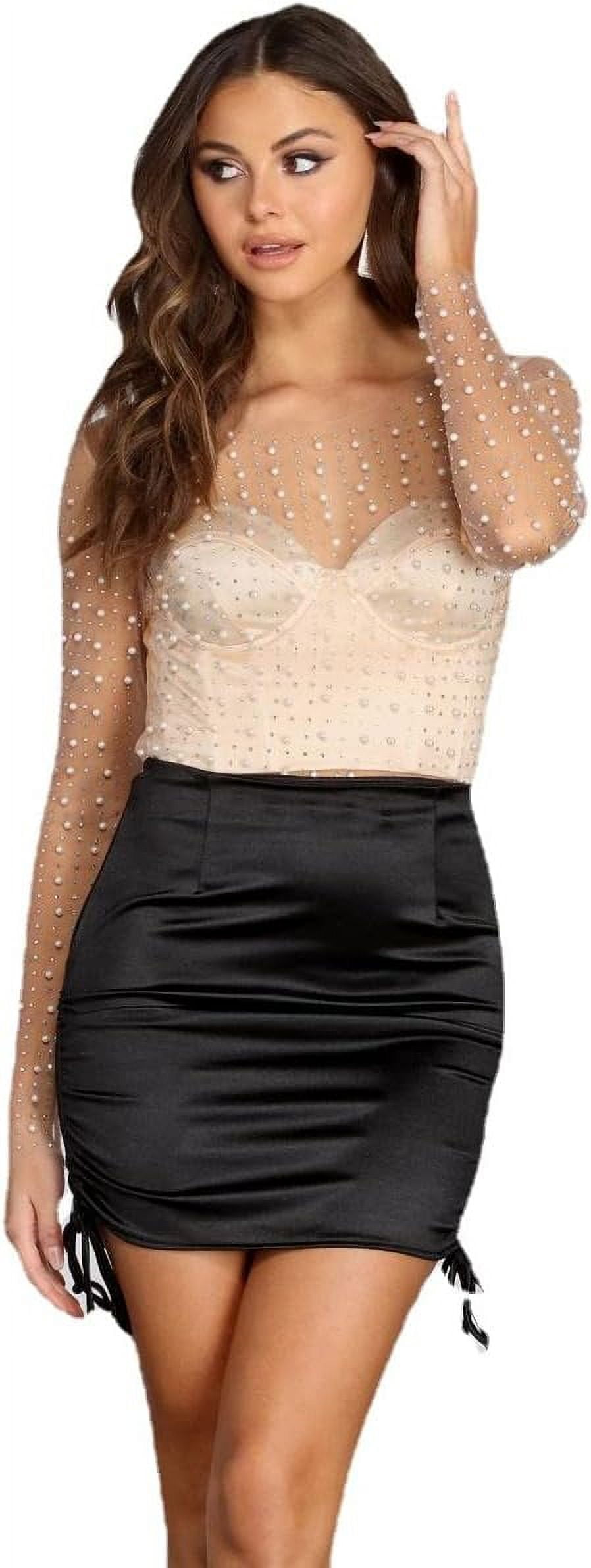 WDIRARA Plus Size Mesh Crop Top - Sheer Mock Neck Rhinestone Long Sleeve Top For Women