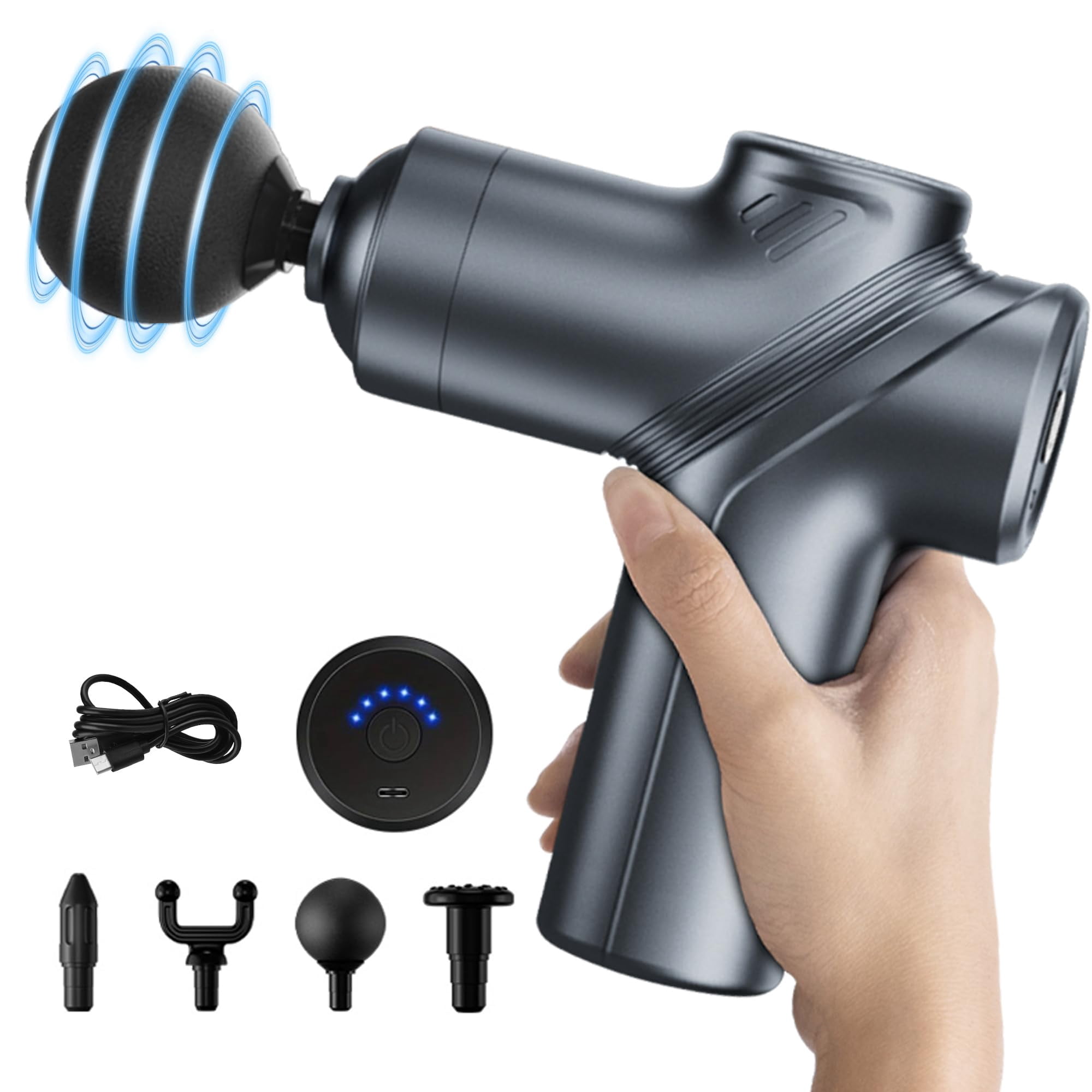 CHUNYAN Deep Tissue Massage Gun Portable, Mini Electric Muscle Massager, Suitable for Relieving Back, Neck and Body Pain, with 4 Heads and 6 Speeds