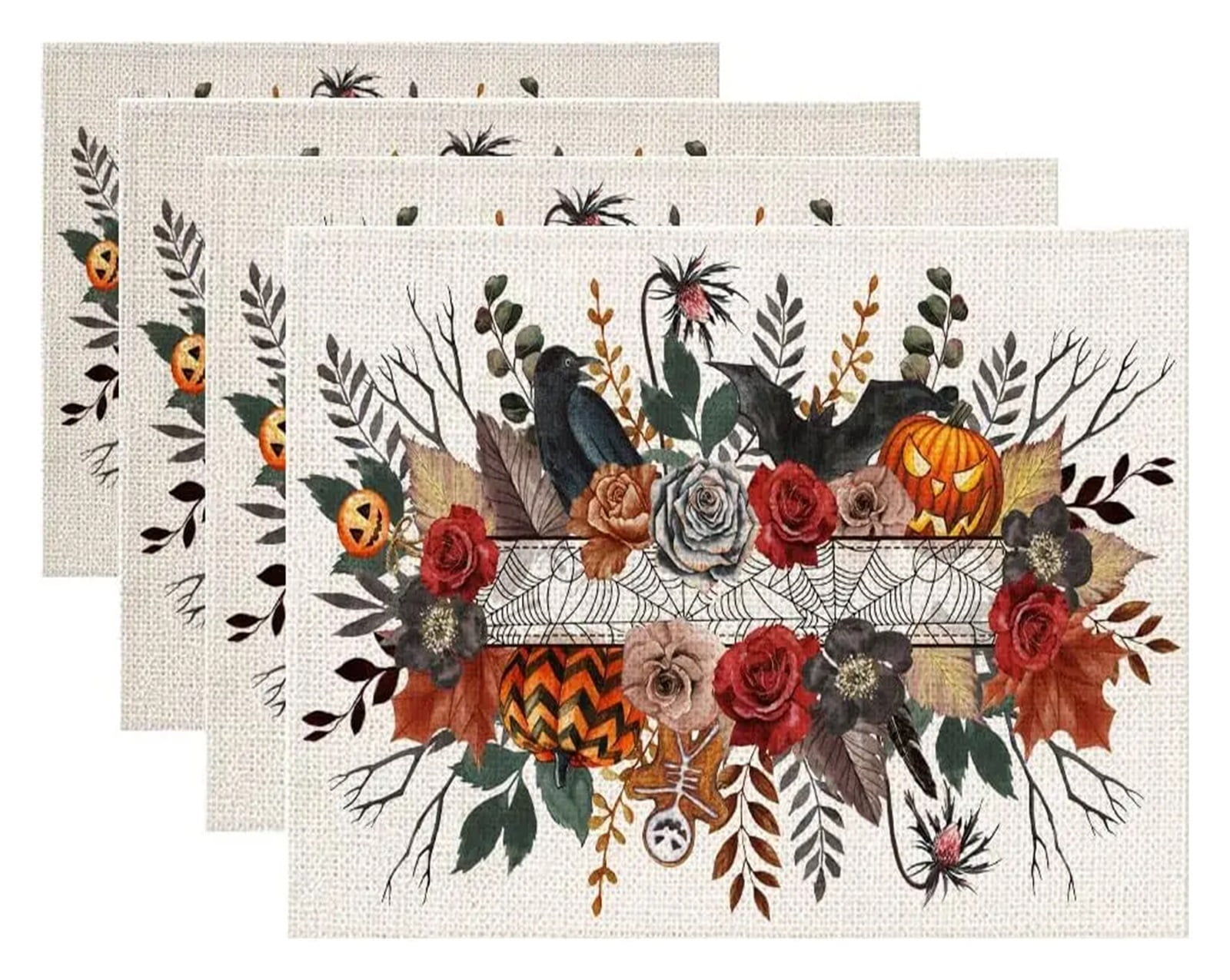 Halloween Placemats, Farmhouse Pumpkin Ghost Trick Or Treat Kitchen Decor, Rustic Orange