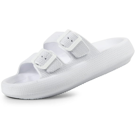 CHUNYAN Slides for Men Women Pillow Slippers Double Buckle Adjustable EVA Flat Sandal Black Women Size 5.5 6 6.5