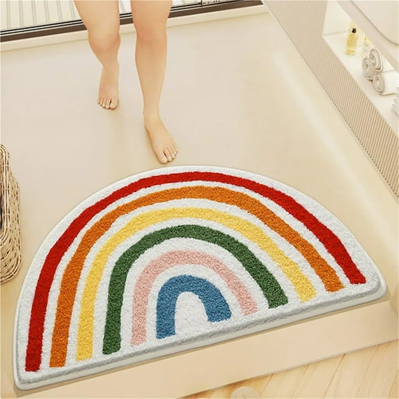 CHUNYAN Style Rainbow Bathroom Floor Mat Shower Room Absorbent Foot Mat Bathroom Door Mat Semi-circle Non-slip Bath Carpet