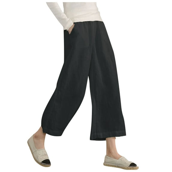 CHUOU 2024 Women's Casual Loose Elastic Waist Cotton Trousers Seven Point Wide Leg Pants