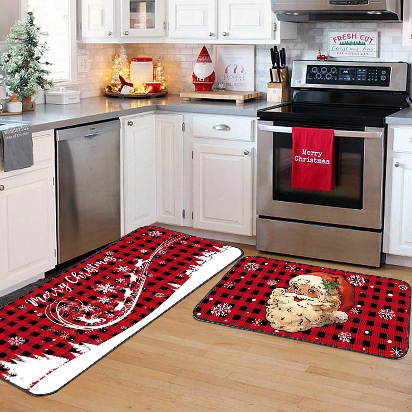 CHUOU 2pcs Christmas Doormat Kitchen Rugs Stanta And Mats Decoration