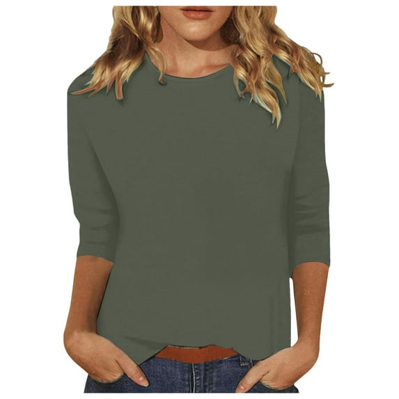 CHUOU Womens Tops 3/4 Sleeve for Summer Polyester Solid Color Crew Neck Blouse