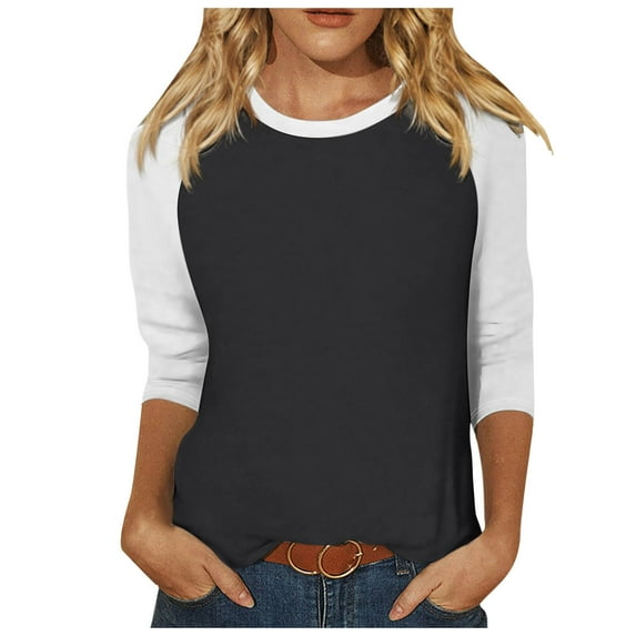 CHUOU 3/4 Sleeve Shirts for Women Summer Versatile Raglan Sleeve Casual Shirt Round Neck Simple Shirt Vintage Streetwear