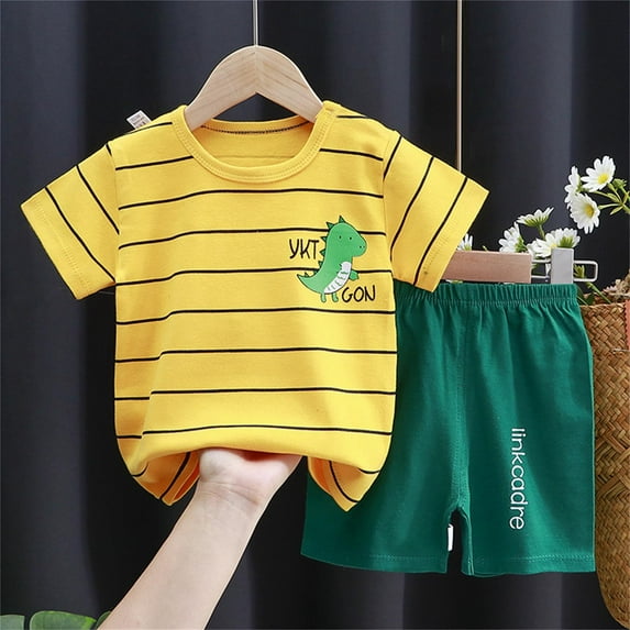 CHUOU Baby Boy Summer Clothes Cartoon Print Short Sleeve T Shirts Stretch Rolled Shorts Cute Toddler Outfits Set For 12-18 Months