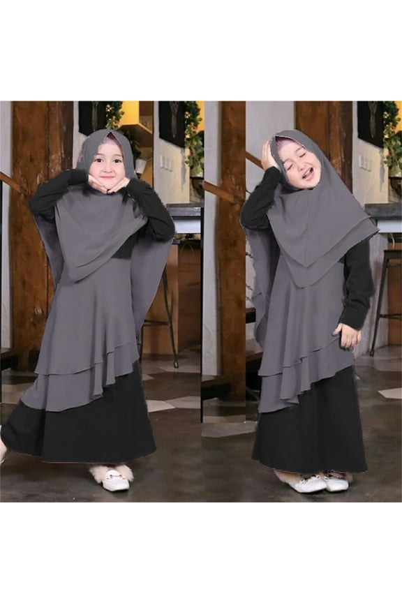 Baby Girls' Ramadan Abaya With Hijab Full Length Robe Burka Maxi Little Kid Toddler Baby Girl Color Block Dresses For 11-12 Years