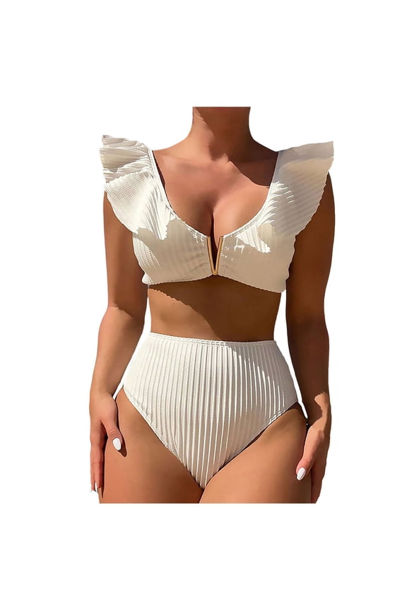 Bikinis for Women 2 Piece High Waisted Tummy Control Ruffle Sleeve V Wire White Swimsuit Push Up Swimwear
