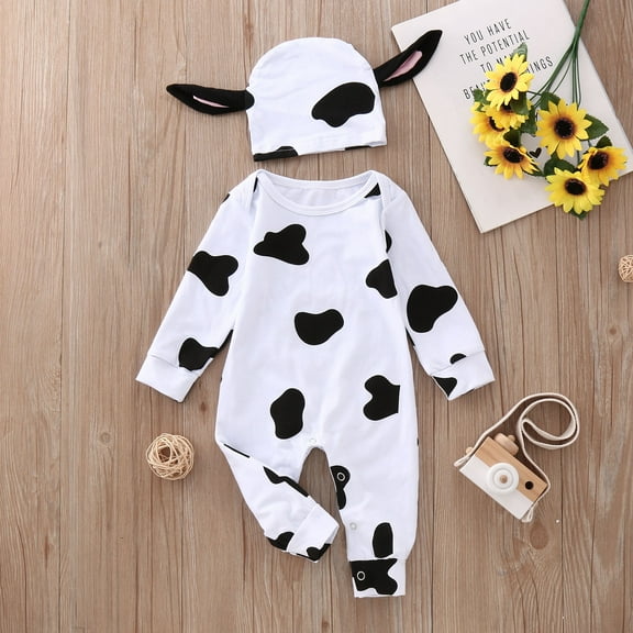 CHUOU Boys Girls Clothes Set Romper Cow Pattern Jumpsuit And Hat 2PCS Outfits