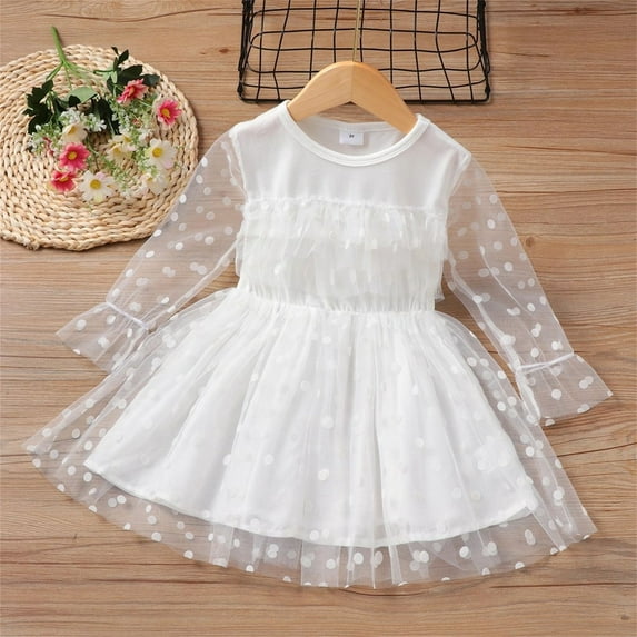 CHUOU Children Kids Toddler Baby Girls Long Sleeve Solid Polka Dot Tulle Dress Princess Dress Outfits Clothes