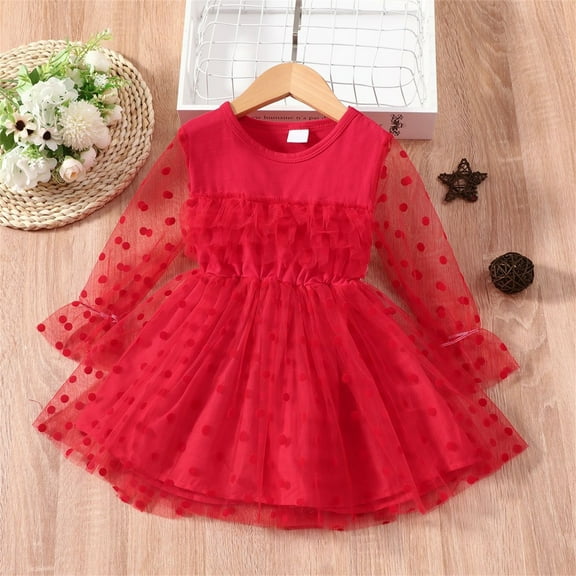 CHUOU Children Kids Toddler Baby Girls Long Sleeve Solid Polka Dot Tulle Dress Princess Dress Outfits Clothes