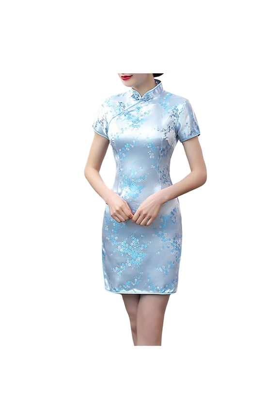 Dresses for Women Short Sleeve Turtle Neck Bodycon Mini Dress Chinese Traditional Clothing Cheongsam Dress