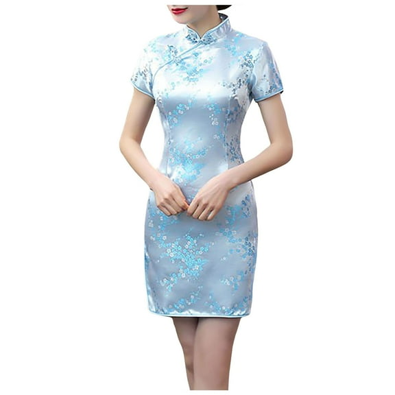 CHUOU Dresses for Women Short Sleeve Turtle Neck Bodycon Mini Dress Chinese Traditional Clothing Cheongsam Dress