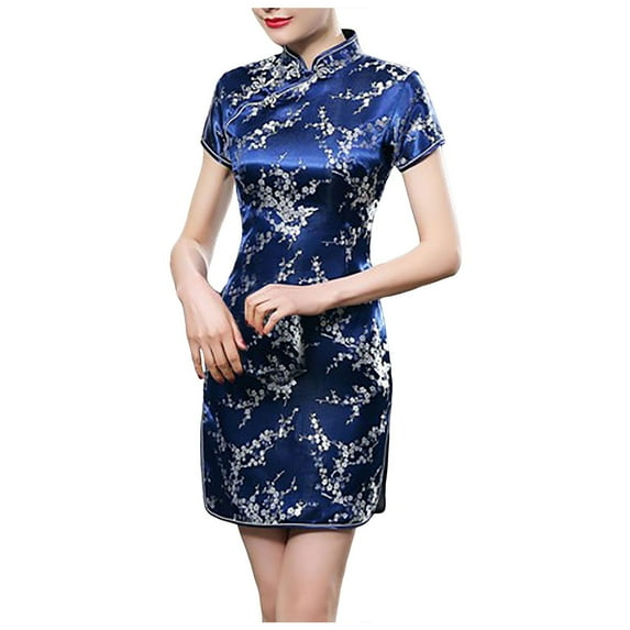 CHUOU Dresses for Women Short Sleeve Turtle Neck Bodycon Mini Dress Chinese Traditional Clothing Cheongsam Dress