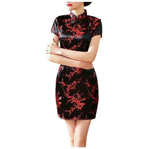 CHUOU Dresses for Women Short Sleeve Turtle Neck Bodycon Mini Dress Chinese Traditional Clothing Cheongsam Dress