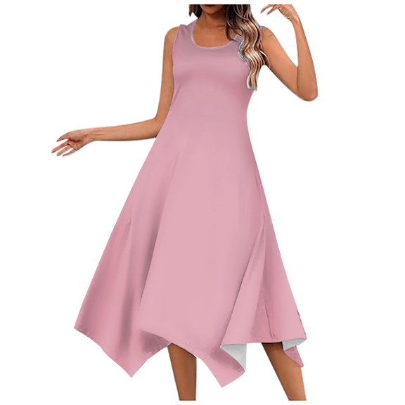 CHUOU Dresses for Women Summer Solid Color Flounce Hem Round Neck Sleeveless Sundress Flowy Beach Tank Dresses