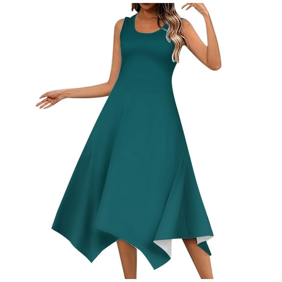 CHUOU Dresses for Women Summer Solid Color Flounce Hem Round Neck Sleeveless Sundress Flowy Beach Tank Dresses