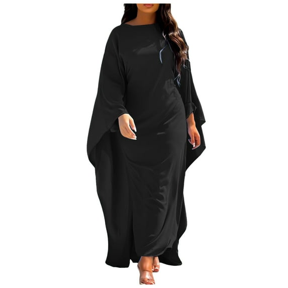 CHUOU Fashion Satin Party Dress Robe Abaya Women Elegant Solid Round Neck Bat Sleeves Loose Maxi Dress Women