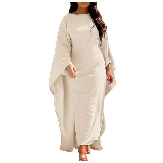 CHUOU Fashion Satin Party Dress Robe Abaya Women Elegant Solid Round Neck Bat Sleeves Loose Maxi Dress Women