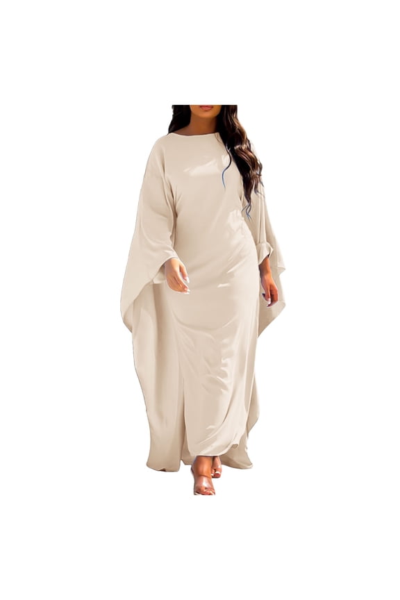 Fashion Satin Party Dress Robe Abaya Women Elegant Solid Round Neck Bat Sleeves Loose Maxi Dress Women