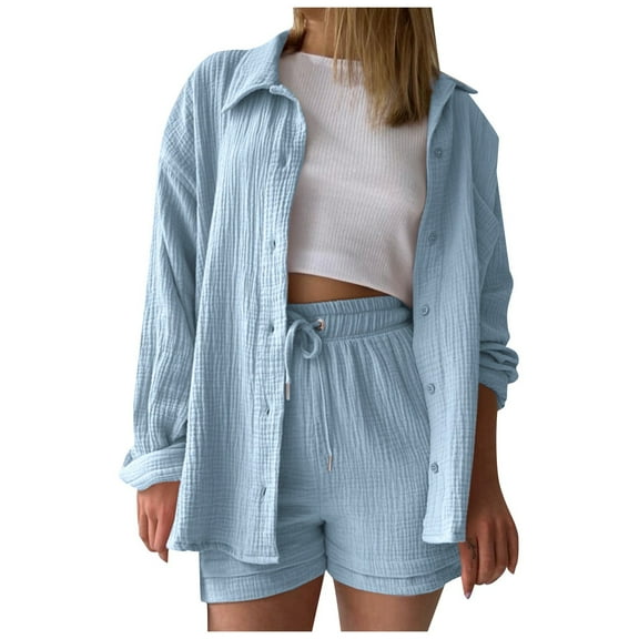 CHUOU Fashion Set Womens Shorts Set Long Sleeve Shirt Suit Shorts Two Piece Set Basic Shirt Top And Shorts Set