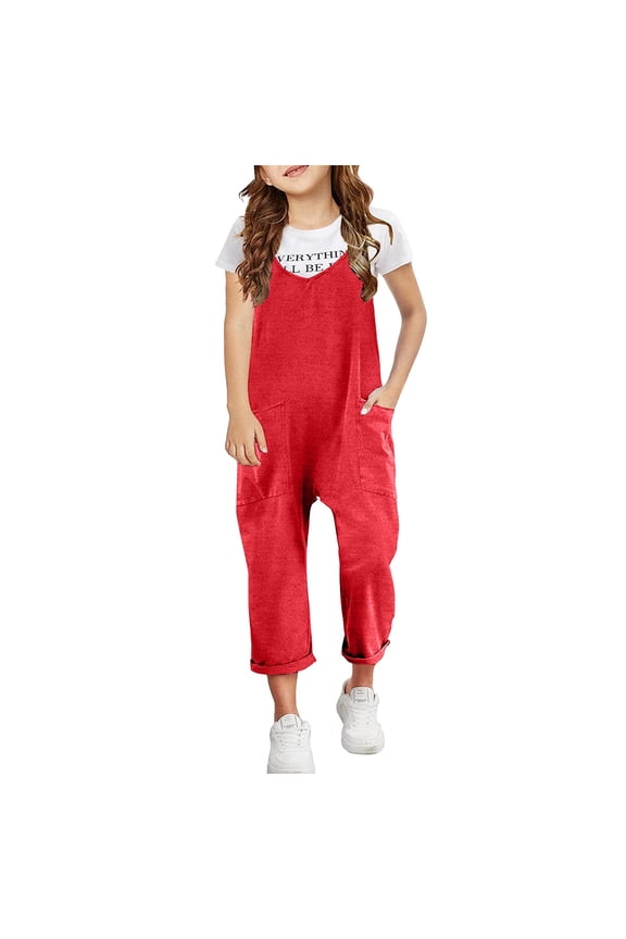 Girls Casual Sleeveless Jumpsuits Spaghetti Strap Loose Overalls Rompers Long Pants With Pocket 1 Piece Overalls,8 Years-9 Years