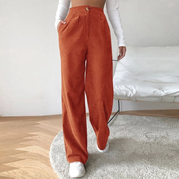 CHUOU High Waist Cord Wide Leg Pants Straight Trousers Women Big Size Corduroy Pants