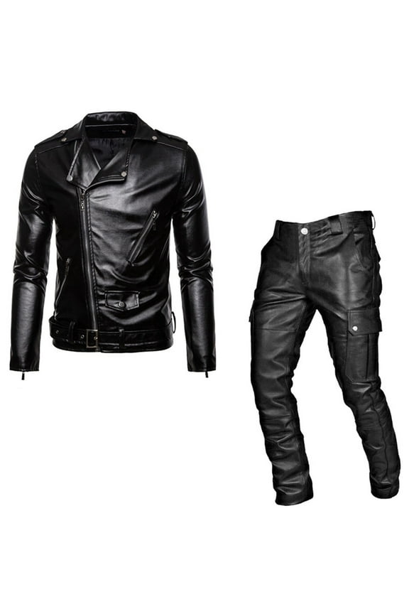 Male Punk Casual Suit Leather Leather Pants Set Of Two Pieces