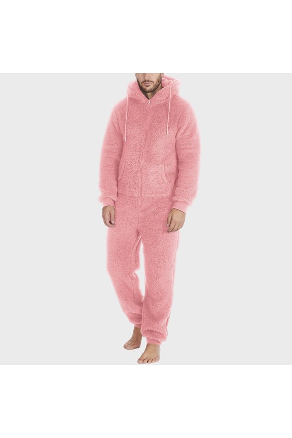 Men Artificial Wool Long Sleeve Pajamas Casual Solid Color Zipper Loose Hooded Jumpsuit Pajamas Casual Winter Warm Rompe Jumpsuit 1 Piece Suit On Sleepwear