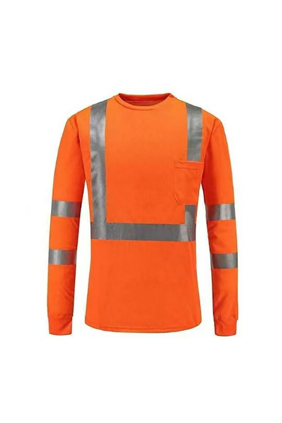 Men Long Sleeve Safety Shirts Reflective Stripe High Visibility Work Shirt with Pocket Round Neck Shirts Daily Streetwear