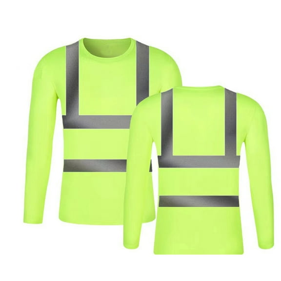 CHUOU Men Long Sleeve Safety Shirts Reflective Stripe High Visibility Work Shirt with Pocket Round Neck Shirts Utility Streetwear