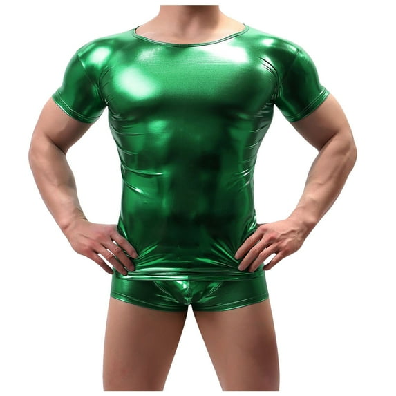 CHUOU Men's Metallic Top Shiny T Shirt Short Sleeve Shirt Metallic Silver Shirt Muscle Tee Round Neck Dance Disco Nightclub 70s 80s Disco