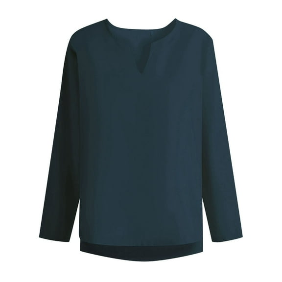 CHUOU Men's Youth T Shirt Cotton Linen Solid Color Loose Clothes V Neck Men's Long Sleeved Shirt