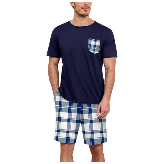 CHUOU Mens Summer Short Sleeved Shorts Pajamas Set Round Neck Short Sleeved Plaid Shorts Two Piece T Shirt With Chest Pocket Pajamas Home Wear Set