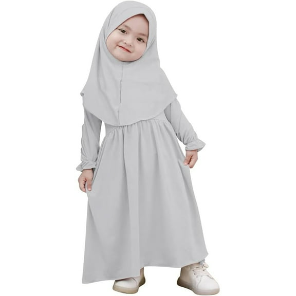 CHUOU Muslim Abaya And Headscarf Set For Girls Pure Color Robe With Hijab,0 Months-6 Months