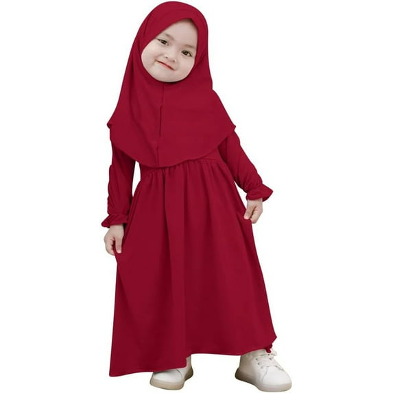 CHUOU Muslim Abaya And Headscarf Set For Girls Pure Color Robe With Hijab,2 Years-3 Years