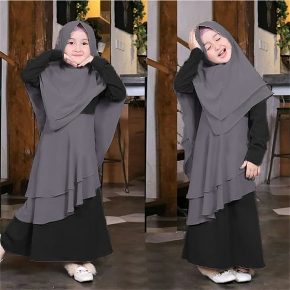 CHUOU Muslim Baby Girls' Ramadan Abaya With Hijab Full Length Robe Burka Maxi Little Kid Toddler Baby Girl Color Block Dresses For 5-6 Years